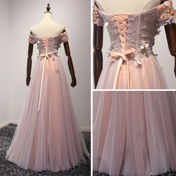 Chic / Beautiful Pearl Pink Evening Dresses 2017 A-Line / Princess Floor-Length / Long Cascading Ruffles Off-The-Shoulder Short Sleeve Backless Beading Sequins Appliques Flower Formal Dresses