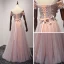 Chic / Beautiful Pearl Pink Evening Dresses  2017 A-Line / Princess Floor-Length / Long Cascading Ruffles Off-The-Shoulder Short Sleeve Backless Beading Sequins Appliques Flower Formal Dresses