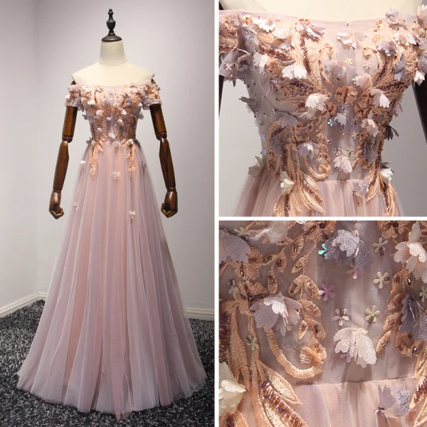 Chic / Beautiful Pearl Pink Evening Dresses 2017 A-Line / Princess Floor-Length / Long Cascading Ruffles Off-The-Shoulder Short Sleeve Backless Beading Sequins Appliques Flower Formal Dresses
