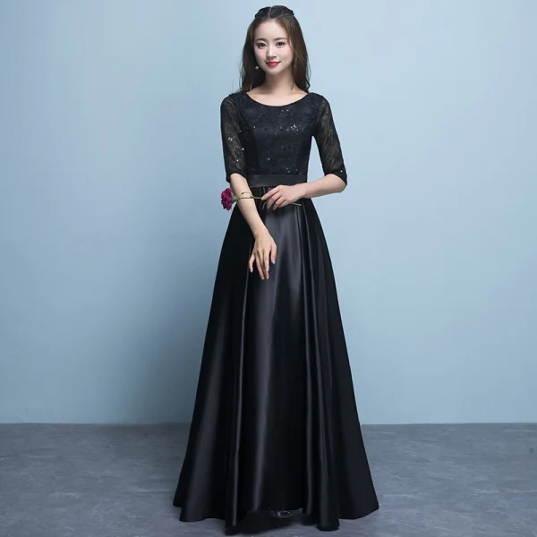 Chic / Beautiful Jade Green Bridesmaid Dresses 2018 A-Line / Princess Scoop Neck 1/2 Sleeves Sash Sequins Floor-Length / Long Ruffle Backless Wedding