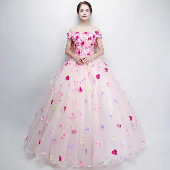 Fée Des Fleurs Perle Rose Robe De Bal 2018 Robe Boule De L Épaule Manches Courtes Appliques Fleur Dos Nu Noeud Longue Volants Robe De Ceremonie