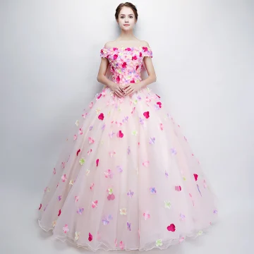 Bloemenfee Parel Roze Galajurken 2018 Baljurk Uit De Schouder Korte Mouwen Appliques Bloem Ruglooze Strik Lange Ruche Gelegenheid Jurken
