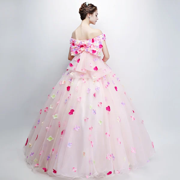 Flower Fairy Pearl Pink Prom Dresses 2018 Ball Gown Off-The-Shoulder Short Sleeve Appliques Flower Backless Bow Floor-Length / Long Ruffle Formal Dresses