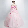 Flower Fairy Pearl Pink Prom Dresses 2018 Ball Gown Off-The-Shoulder Short Sleeve Appliques Flower Backless Bow Floor-Length / Long Ruffle Formal Dresses