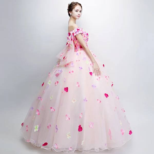 Flower Fairy Pearl Pink Prom Dresses 2018 Ball Gown Off-The-Shoulder Short Sleeve Appliques Flower Backless Bow Floor-Length / Long Ruffle Formal Dresses