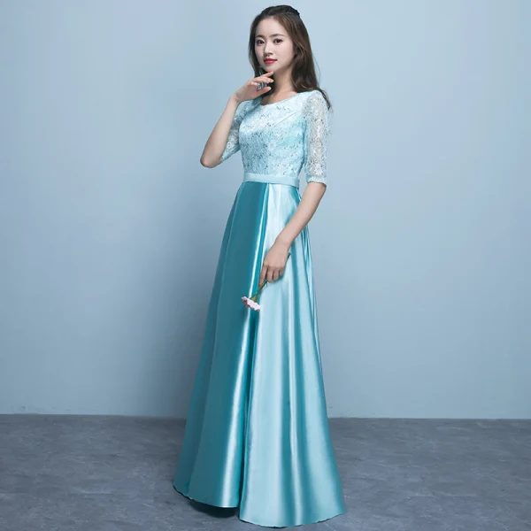 Chic / Beautiful Jade Green Bridesmaid Dresses 2018 A-Line / Princess Scoop Neck 1/2 Sleeves Sash Sequins Floor-Length / Long Ruffle Backless Wedding Party Dresses