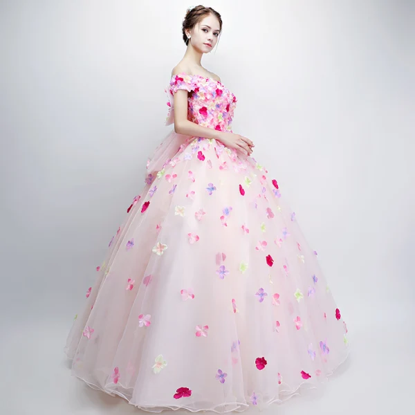Flower Fairy Pearl Pink Prom Dresses 2018 Ball Gown Off-The-Shoulder Short Sleeve Appliques Flower Backless Bow Floor-Length / Long Ruffle Formal Dresses