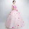 Flower Fairy Pearl Pink Prom Dresses 2018 Ball Gown Off-The-Shoulder Short Sleeve Appliques Flower Backless Bow Floor-Length / Long Ruffle Formal Dresses