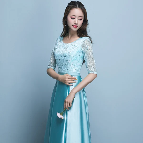 Chic / Beautiful Jade Green Bridesmaid Dresses 2018 A-Line / Princess Scoop Neck 1/2 Sleeves Sash Sequins Floor-Length / Long Ruffle Backless Wedding Party Dresses