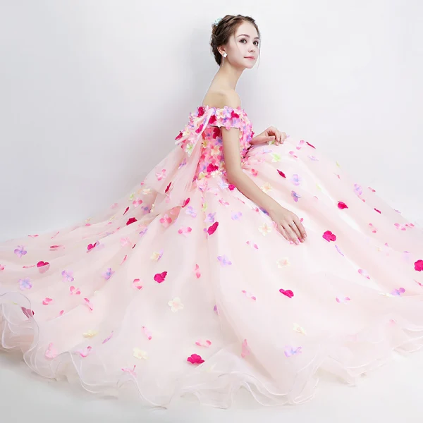 Flower Fairy Pearl Pink Prom Dresses 2018 Ball Gown Off-The-Shoulder Short Sleeve Appliques Flower Backless Bow Floor-Length / Long Ruffle Formal Dresses