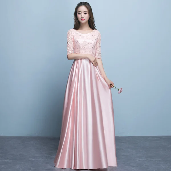 Chic / Beautiful Jade Green Bridesmaid Dresses 2018 A-Line / Princess Scoop Neck 1/2 Sleeves Sash Sequins Floor-Length / Long Ruffle Backless Wedding Party Dresses