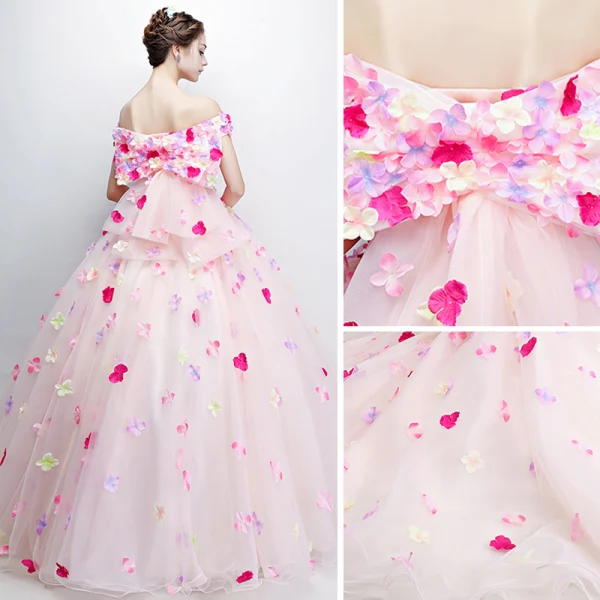 Flower Fairy Pearl Pink Prom Dresses 2018 Ball Gown Off-The-Shoulder Short Sleeve Appliques Flower Backless Bow Floor-Length / Long Ruffle Formal Dresses
