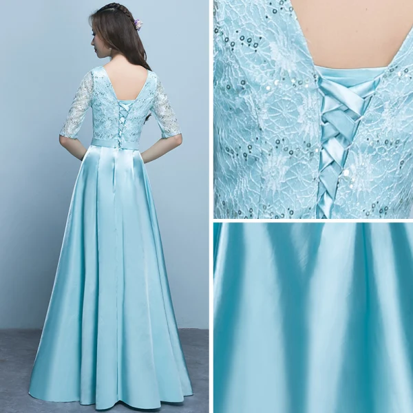 Chic / Beautiful Jade Green Bridesmaid Dresses 2018 A-Line / Princess Scoop Neck 1/2 Sleeves Sash Sequins Floor-Length / Long Ruffle Backless Wedding Party Dresses