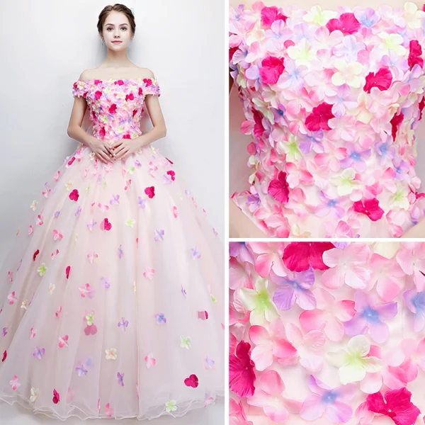 Flower Fairy Pearl Pink Prom Dresses 2018 Ball Gown Off-The-Shoulder Short Sleeve Appliques Flower Backless Bow Floor-Length / Long Ruffle Formal Dresses