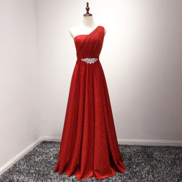 Sparkly Red Evening Dresses 2017 A Line Princess Floor Length Long Cascading Ruffles One Shoulder Sleeveless Backless Glitter Rhinestone Sash Formal Dresses
