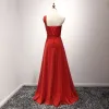 Sparkly Red Evening Dresses  2017 A-Line / Princess Floor-Length / Long Cascading Ruffles One-Shoulder Sleeveless Backless Glitter Rhinestone Sash Formal Dresses