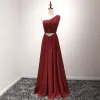 Sparkly Red Evening Dresses  2017 A-Line / Princess Floor-Length / Long Cascading Ruffles One-Shoulder Sleeveless Backless Glitter Rhinestone Sash Formal Dresses