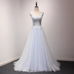Élégant Bleu Ciel Percé Robe De Soirée 2018 Princesse Encolure Dégagée Sans Manches Appliques Fleur Perlage Train De Balayage Volants Dos Nu Robe De Ceremonie