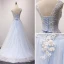 Elegant Sky Blue Pierced Evening Dresses  2018 A-Line / Princess Scoop Neck Sleeveless Appliques Flower Beading Sweep Train Ruffle Backless Formal Dresses