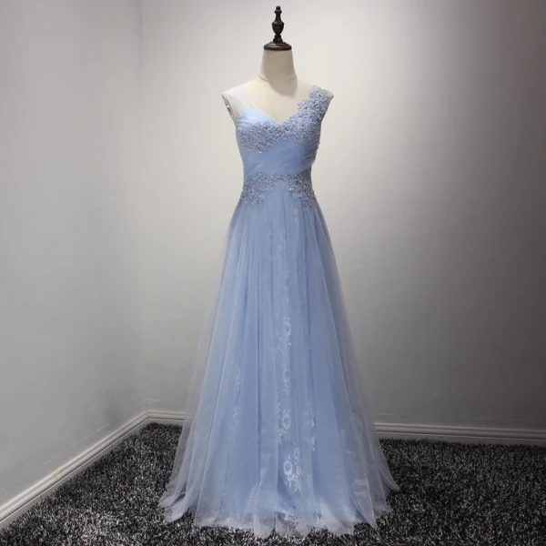 Chic / Belle Bleu Ciel Robe De Soirée 2017 Princesse Longue Volants en Cascade V-Cou épaules Sans Manches Dos Nu Faux Diamant En Dentelle Appliques Glitter Percé Robe De Ceremonie