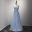 Chic / Belle Bleu Ciel Robe De Soirée 2017 Princesse Longue Volants en Cascade V-Cou épaules Sans Manches Dos Nu Faux Diamant En Dentelle Appliques Glitter Percé Robe De Ceremonie
