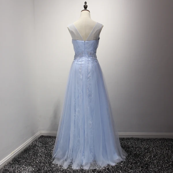 Chic / Belle Bleu Ciel Robe De Soirée 2017 Princesse Longue Volants en Cascade V-Cou épaules Sans Manches Dos Nu Faux Diamant En Dentelle Appliques Glitter Percé Robe De Ceremonie