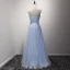 Chic / Belle Bleu Ciel Robe De Soirée 2017 Princesse Longue Volants en Cascade V-Cou épaules Sans Manches Dos Nu Faux Diamant En Dentelle Appliques Glitter Percé Robe De Ceremonie