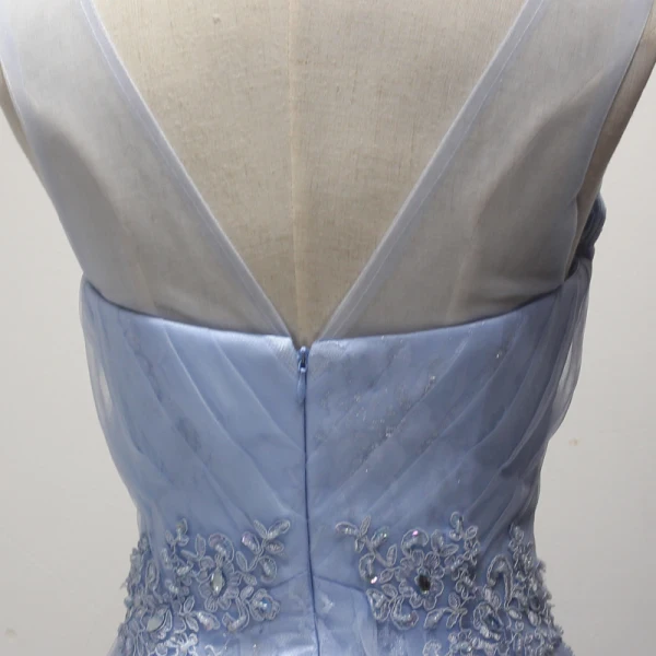 Chic / Belle Bleu Ciel Robe De Soirée 2017 Princesse Longue Volants en Cascade V-Cou épaules Sans Manches Dos Nu Faux Diamant En Dentelle Appliques Glitter Percé Robe De Ceremonie