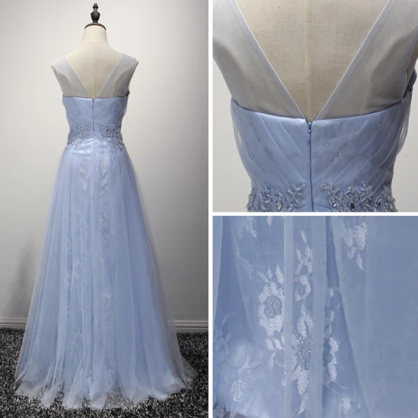 Chic / Belle Bleu Ciel Robe De Soirée 2017 Princesse Longue Volants en Cascade V-Cou épaules Sans Manches Dos Nu Faux Diamant En Dentelle Appliques Glitter Percé Robe De Ceremonie