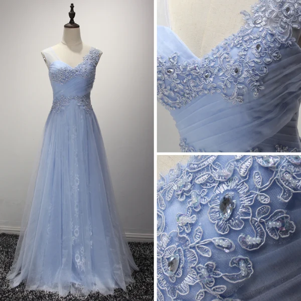 Chic / Belle Bleu Ciel Robe De Soirée 2017 Princesse Longue Volants en Cascade V-Cou épaules Sans Manches Dos Nu Faux Diamant En Dentelle Appliques Glitter Percé Robe De Ceremonie