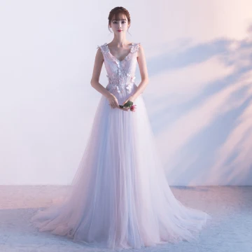 Elegant Blushing Pink Evening Dresses 2018 A Line Princess V Neck Sleeveless Butterfly Appliques Lace Watteau Train Ruffle Backless Formal Dresses