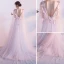 Elegant Blushing Pink Evening Dresses  2018 A-Line / Princess V-Neck Sleeveless Butterfly Appliques Lace Watteau Train Ruffle Backless Formal Dresses