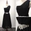 Klassisch Schwarz Partykleider 2017 Fallende Rüsche Wadenlang A Linie One-Shoulder Ärmellos Rückenfreies Strass Stoffgürtel Glanz Festliche Kleider