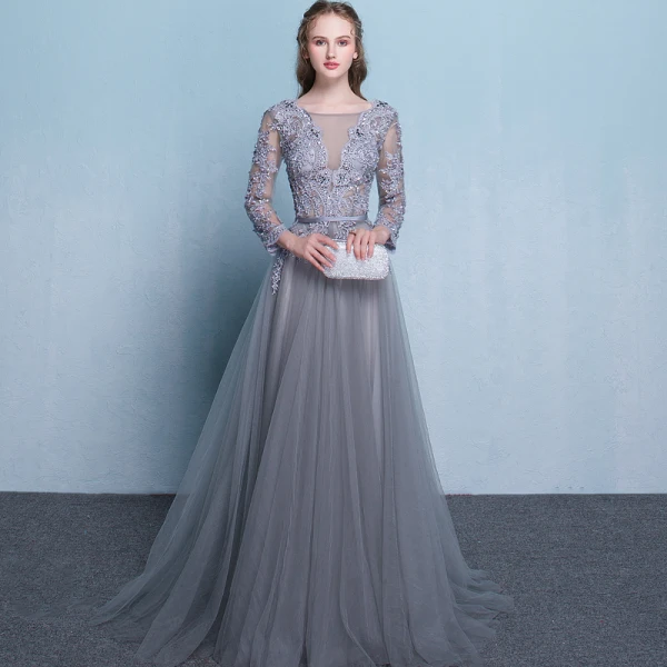 Illusion Grey Evening Dresses 2018 A-Line / Princess Scoop Neck Long Sleeve Appliques Lace Beading Sash Court Train Ruffle Backless Formal Dresses