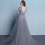 Illusion Grey Evening Dresses  2018 A-Line / Princess Scoop Neck Long Sleeve Appliques Lace Beading Sash Court Train Ruffle Backless Formal Dresses