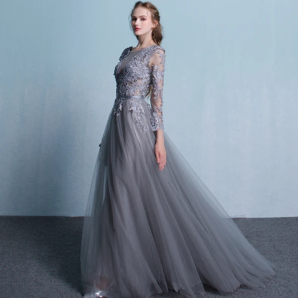 Illusion Grey Evening Dresses 2018 A-Line / Princess Scoop Neck Long Sleeve Appliques Lace Beading Sash Court Train Ruffle Backless Formal Dresses