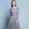 Illusion Grey Evening Dresses  2018 A-Line / Princess Scoop Neck Long Sleeve Appliques Lace Beading Sash Court Train Ruffle Backless Formal Dresses