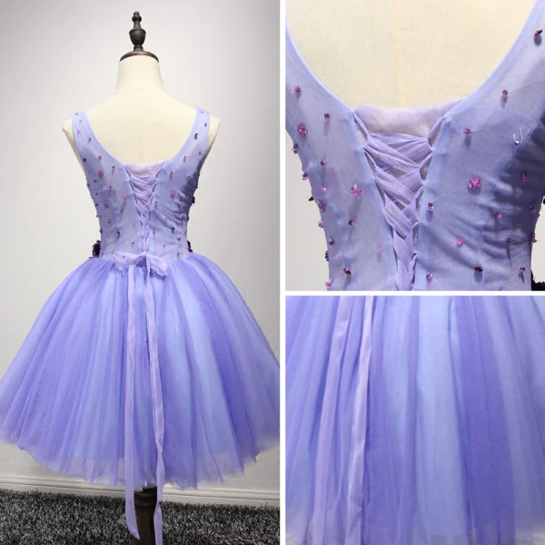 Chic / Beautiful Lilac Cocktail Dresses 2017 Cascading Ruffles Short Ball Gown V-Neck Shoulders Sleeveless Backless Beading Crystal Appliques Flower Formal Dresses
