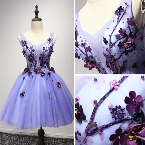 Chic / Beautiful Lilac Cocktail Dresses 2017 Cascading Ruffles Short Ball Gown V-Neck Shoulders Sleeveless Backless Beading Crystal Appliques Flower Formal Dresses