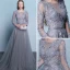 Illusion Grey Evening Dresses  2018 A-Line / Princess Scoop Neck Long Sleeve Appliques Lace Beading Sash Court Train Ruffle Backless Formal Dresses