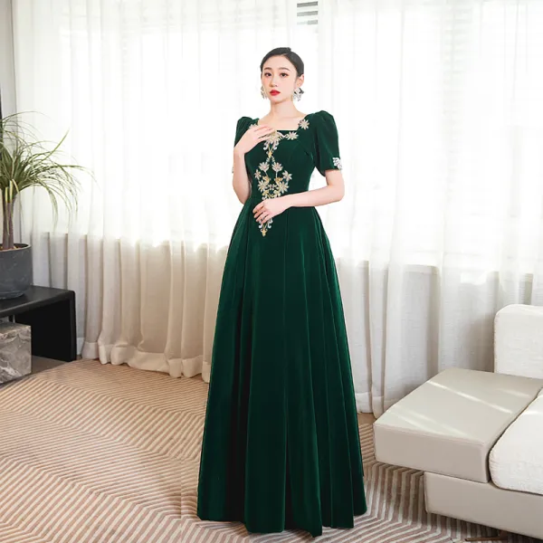 Elegant Dark Green Beading Sequins Prom Dresses 2023 A-Line / Princess Square Neckline Short Sleeve Backless Floor-Length / Long Prom Formal Dresses
