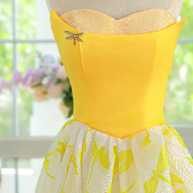 strapless open back dress Cicinia Yellow Prom Dresses Long Printed Fabric A-line Deep V-neck Hal