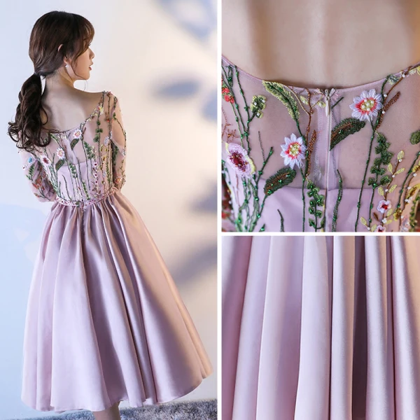 Chic / Beautiful Candy Pink Pierced Homecoming Graduation Dresses 2018 A-Line / Princess Scoop Neck 1/2 Sleeves Appliques Lace Beading Sash Tea-length Ruffle Formal Dresses