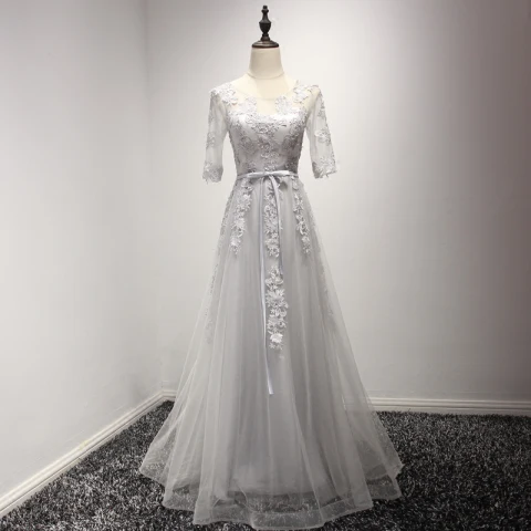 Elegante Grau Abendkleider 2017 A Linie Lange Fallende Rüsche Rundhalsausschnitt 1/2 Ärmel Rückenfreies Mit Spitze Applikationen Stoffgürtel Durchbohrt Festliche Kleider