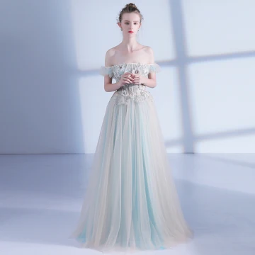 Charming Grey Pool Blue Evening Dresses 2018 A Line Princess Off The Shoulder Short Sleeve Appliques Flower Rhinestone Court Train Ruffle Backless Formal Dresses