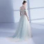 Charmant Grau Blau Abendkleider 2018 A Linie Off Shoulder Kurze Ärmel Applikationen Blumen Strass Hof-Schleppe Rüschen Rückenfreies Festliche Kleider
