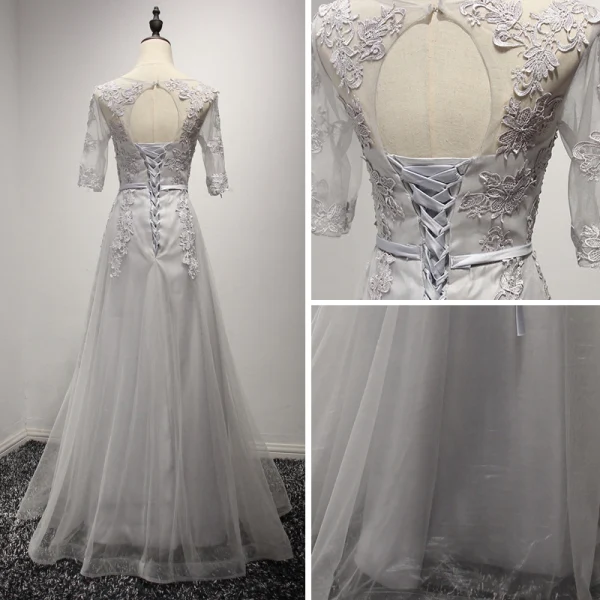 Elegant Grey Evening Dresses  2017 A-Line / Princess Floor-Length / Long Cascading Ruffles Scoop Neck 1/2 Sleeves Backless Lace Appliques Sash Pierced Formal Dresses