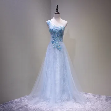 Chic Belle Bleu Ciel Robe De Soirée 2018 Princesse V Cou Sans Manches Appliques En Dentelle Perle Perlage Longue Volants Dos Nu Robe De Ceremonie
