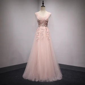 Chic Belle Perle Rose Robe De Soirée 2018 Princesse V Cou Perle Appliques En Dentelle Longue Volants Dos Nu Robe De Ceremonie