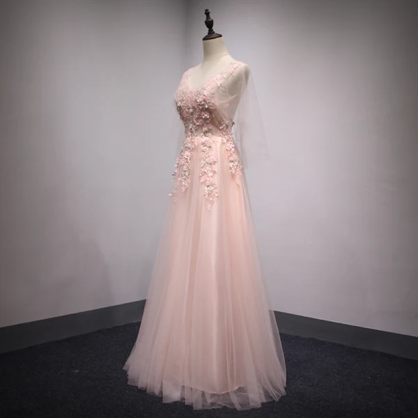 Schöne Pearl Rosa Abendkleider 2018 A Linie V-Ausschnitt Perle Applikationen Mit Spitze Lange Rüschen Rückenfreies Festliche Kleider